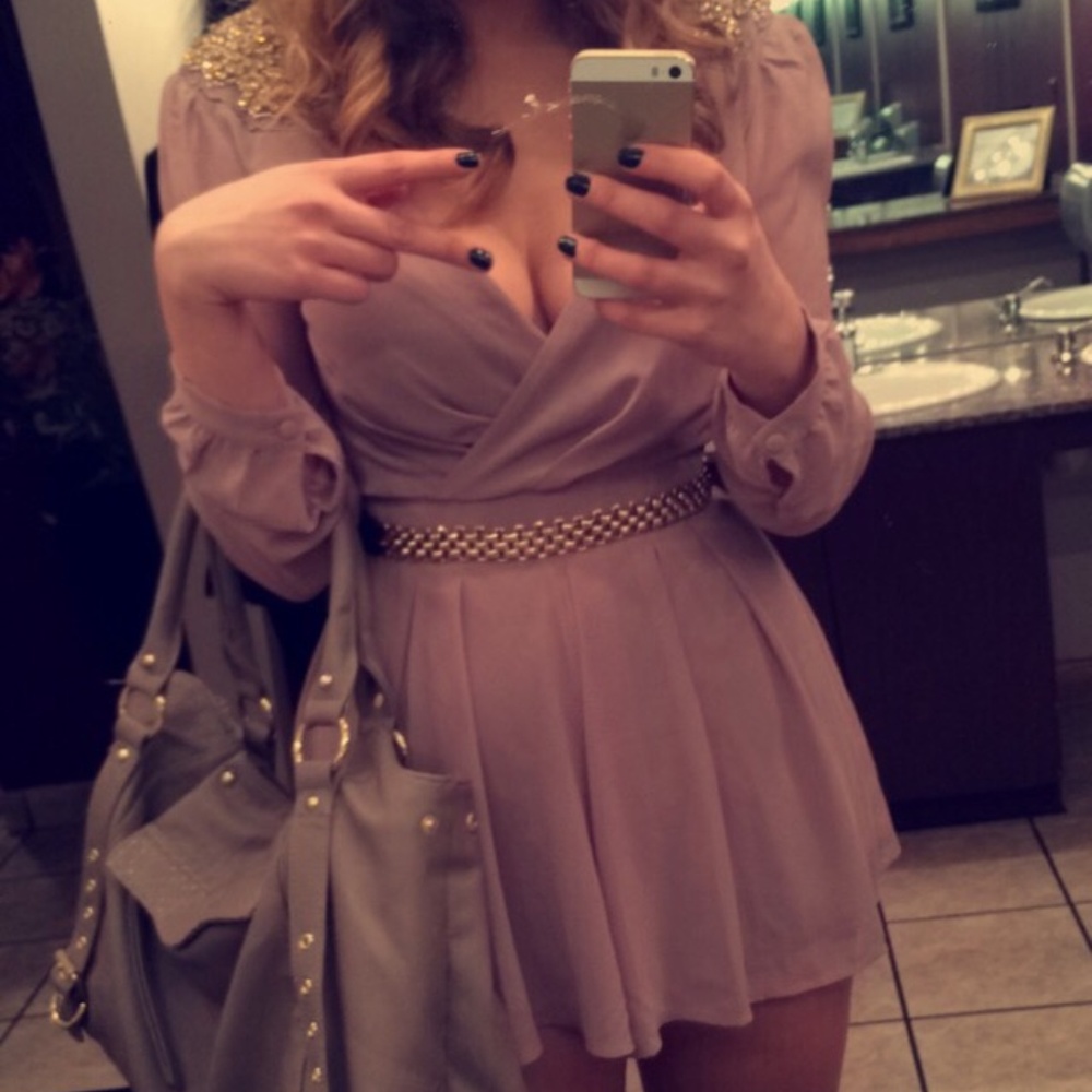 [S] Beige Long Sleeve Jeweled Romper x a'gaci